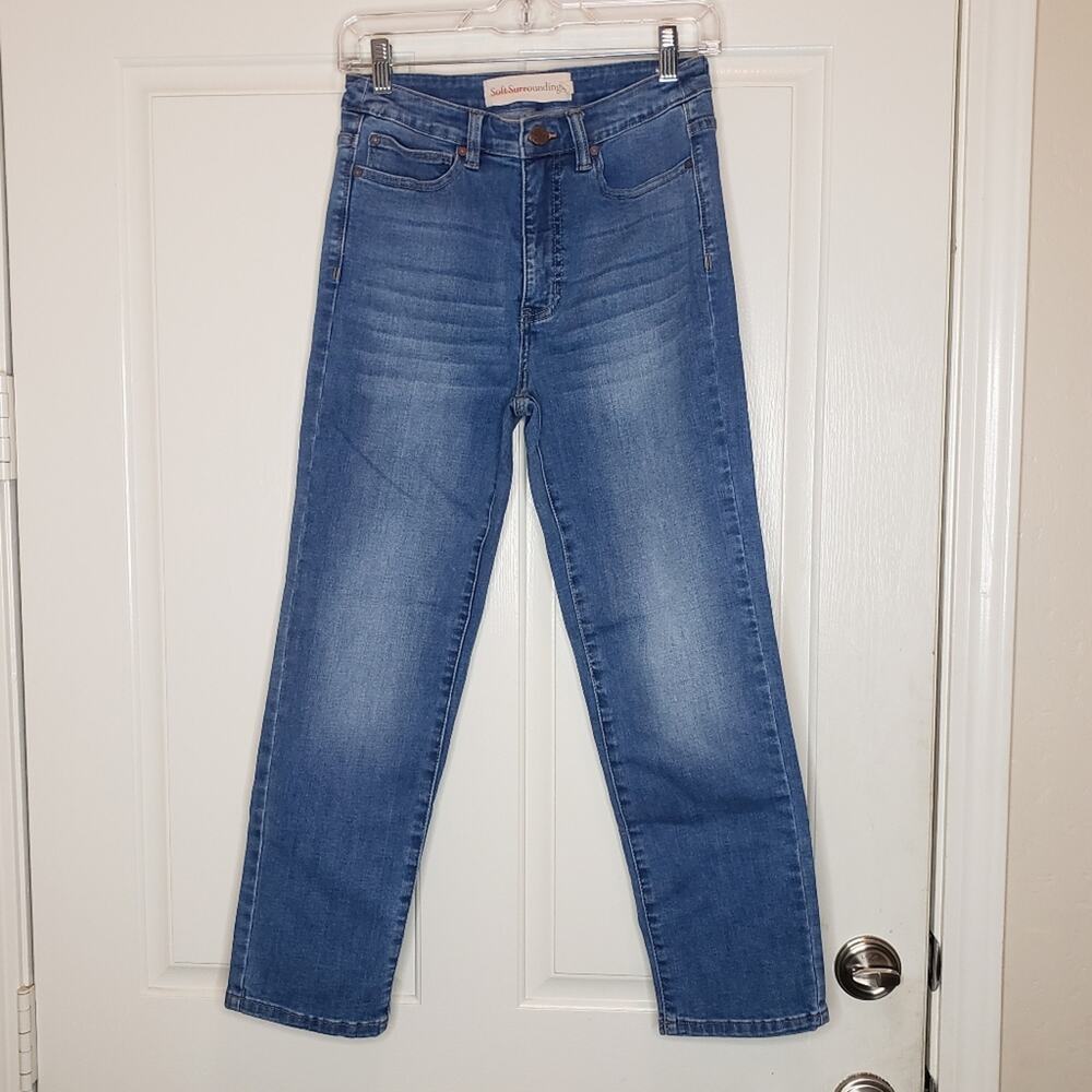 Soft Surroundings high rise straight leg denim jeans, medium blue, size 4.